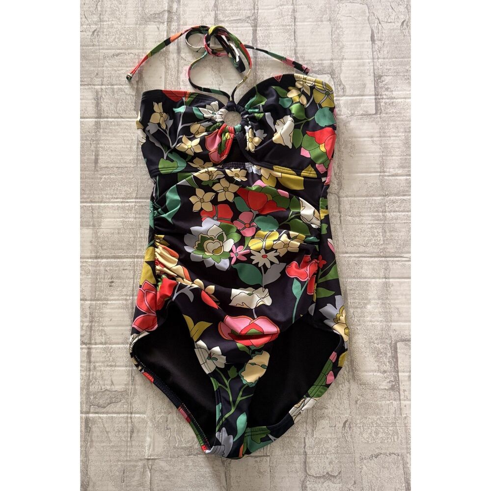 Kate Spade Flower Bed Keyhole Halter One Piece Swimsuit Coastal Bathing Suit M